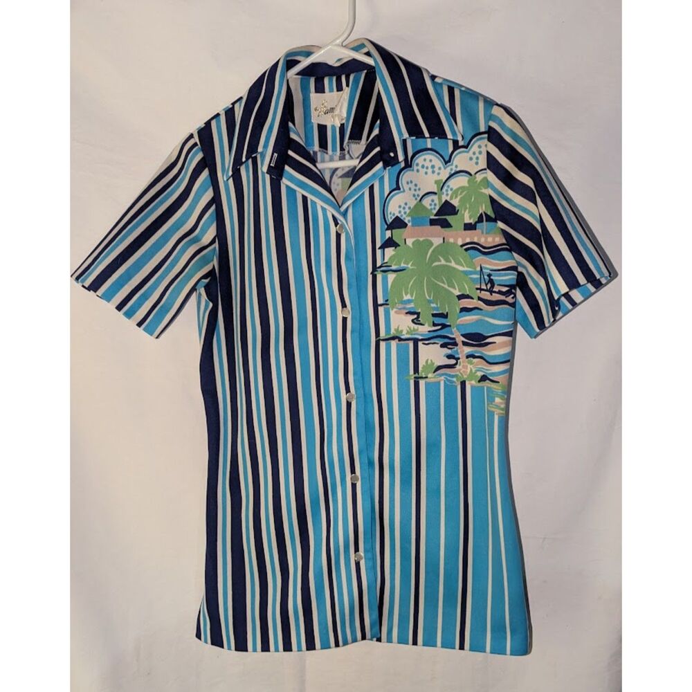 Vtg 70s Hamilton 8 Dallas Tropical Island Scenic Print Shirt Blue Stripe M L
